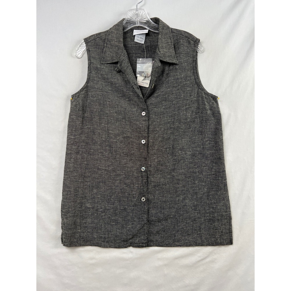Jaclyn Smith Sleeveless Button Down Women S Black White Linen Blend Collared Top